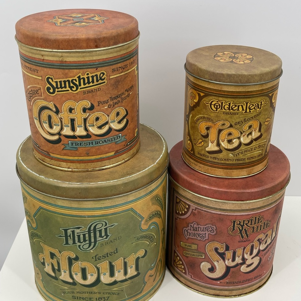 Vintage 4pc Canister Set Metal Ballonoff Flour Sugar Coffee Tea - Picture 10 of 13